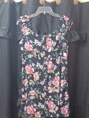 Floral Button-Front Women’s Dress - Black with Pink Floral| Size L